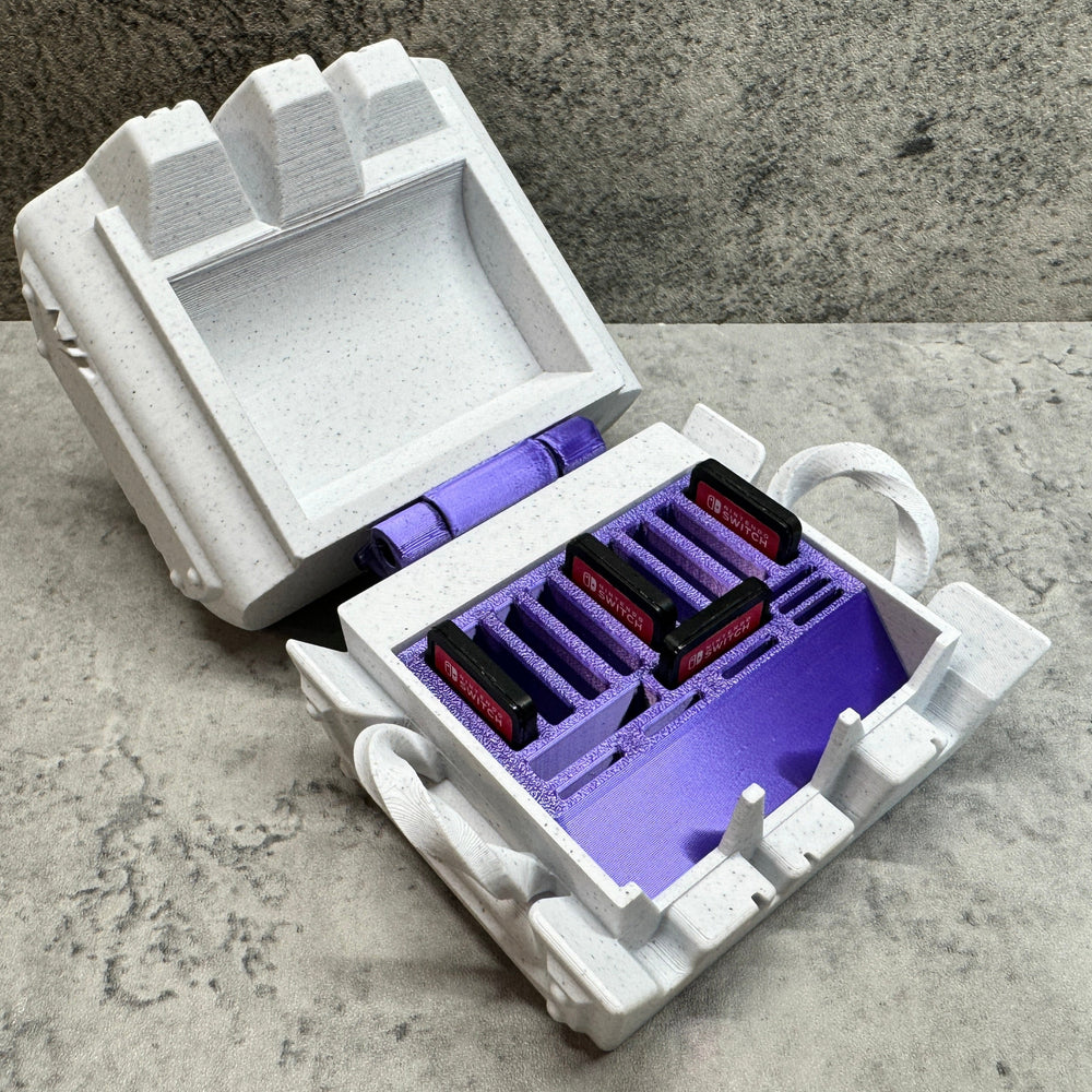 a purple and white box with a purple handle