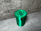 a green trash can sitting in front of a wall